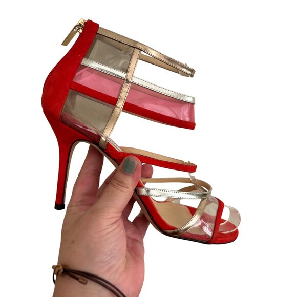 JIMMY CHOO Lang lance Patent Leather Red Strappy Sandal Heels 39.5-9 - Picture 4 of 13